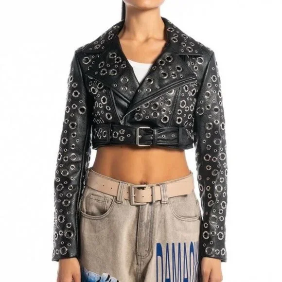 Miz 360: Circle of Life Cropped Grommet Vegan Leather Moto Jacket Large - Picture 13 of 13